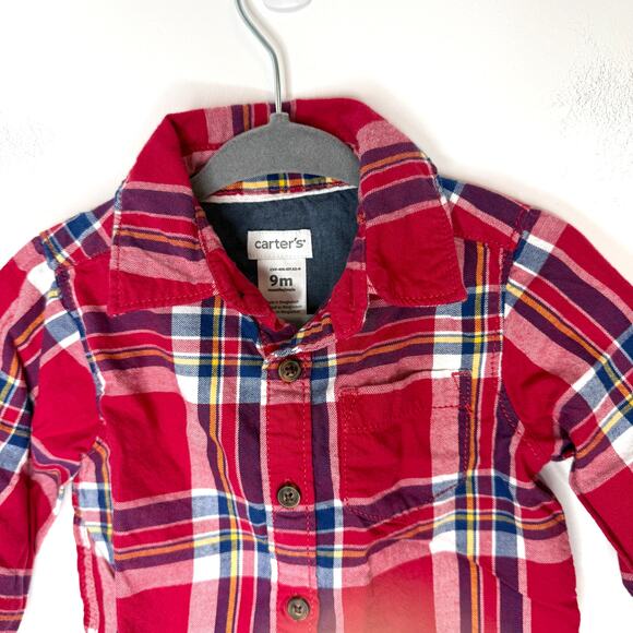 Carter's Baby Boy Plaid Button Down Shirt One Piece Set Red Blue Size 9 Months - Picture 3 of 13